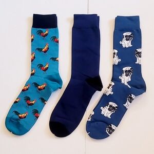 NEW Blue inspired colorful Rooster + Pug Pattern Socks Set